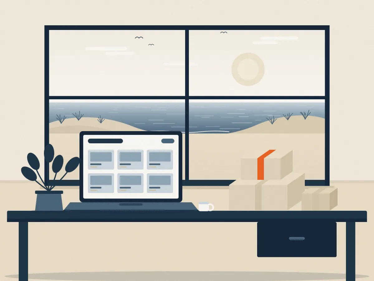 Illustration: Schreibtisch mit Laptop-Onlineshop und Paketen vor einem Fenster mit Meerblick