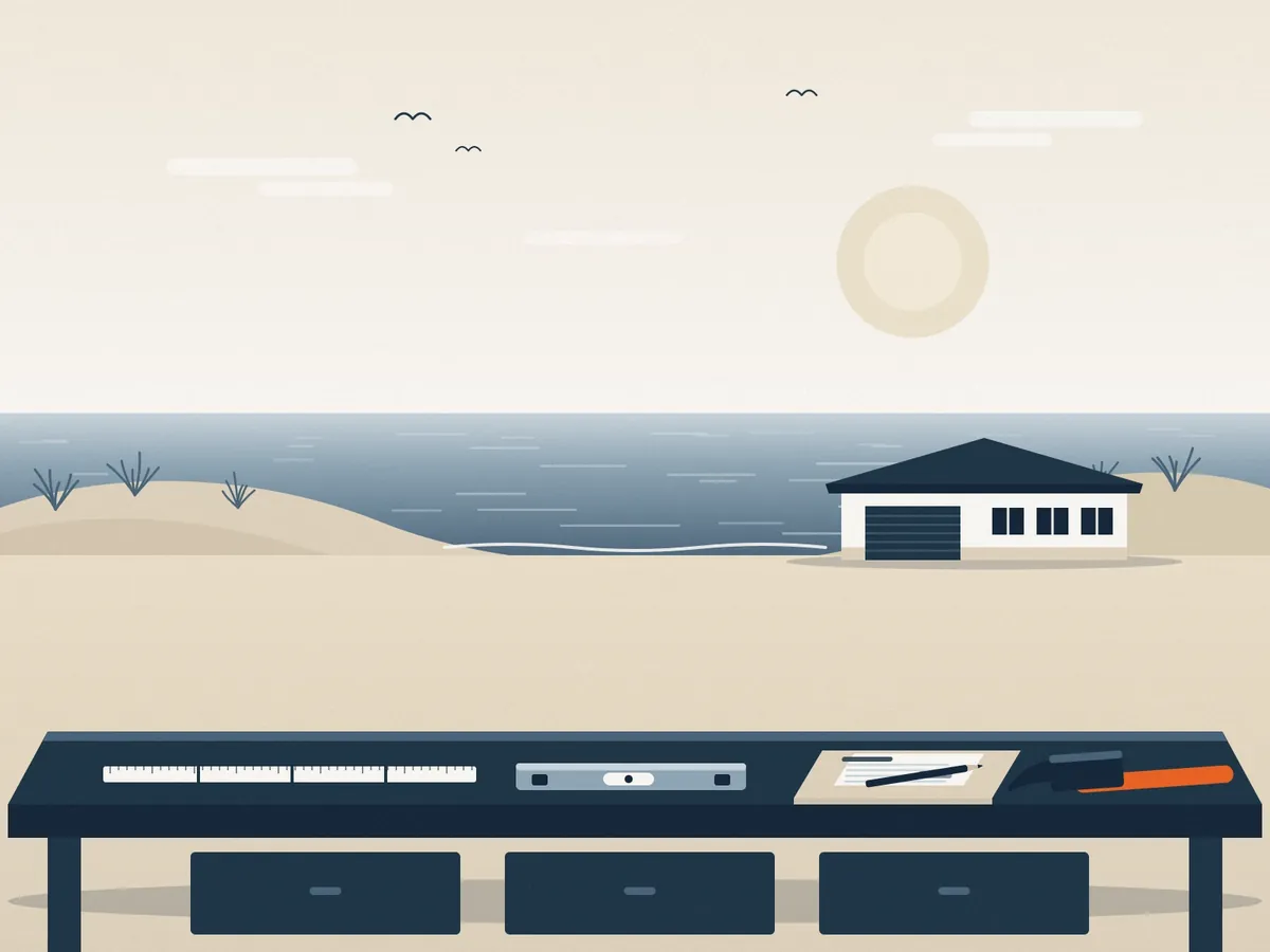 Illustration: Werkbank mit Zollstock, Wasserwaage, Bauplan und Hammer vor Düne und Meer, dahinter eine Werkstatt