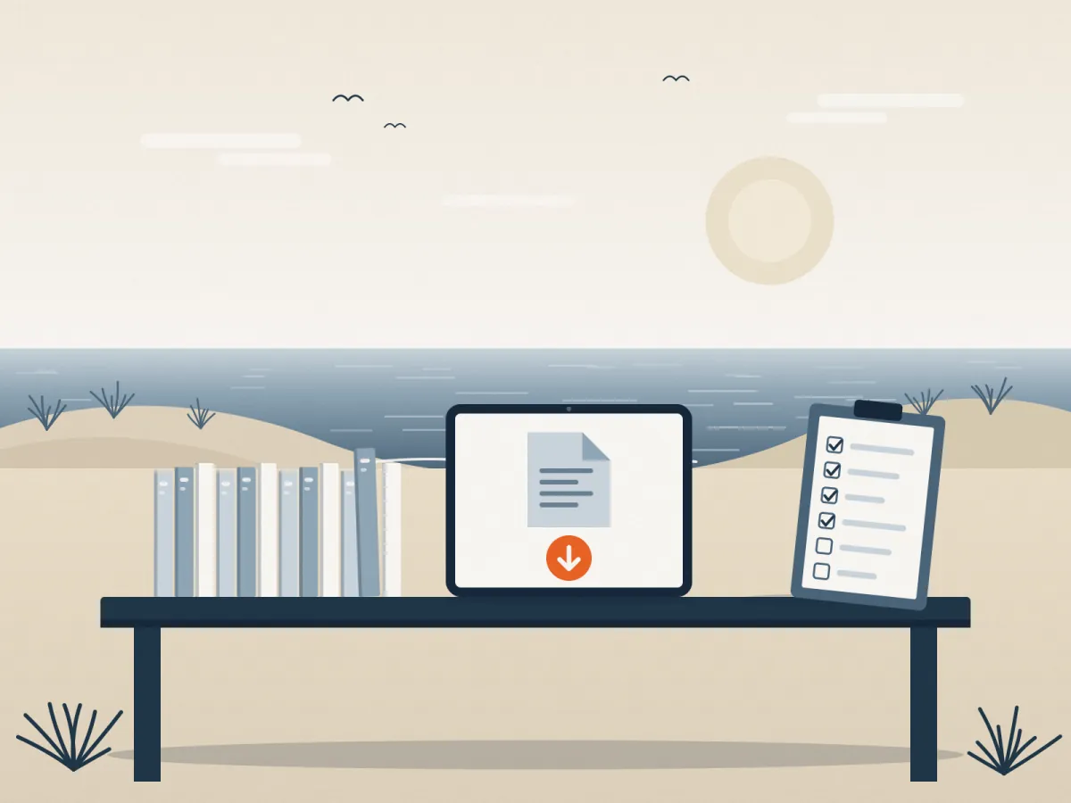 Illustration: Schreibtisch am Strand mit Laptop und Download-Symbol, Büchern und einer Checkliste