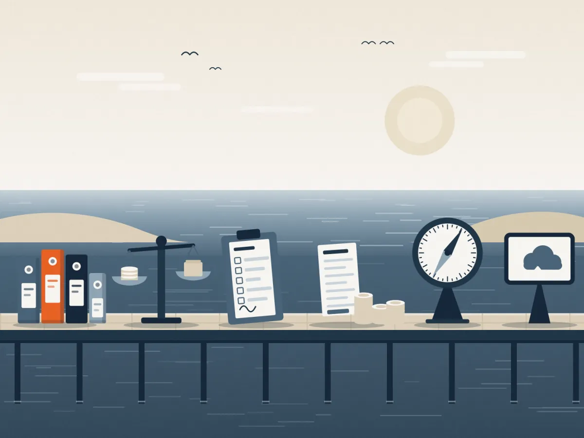 Illustration: Ordner, Waage, Checkliste, Beleg mit Münzen, Kompass und Cloud-Bildschirm auf einer Seebrücke