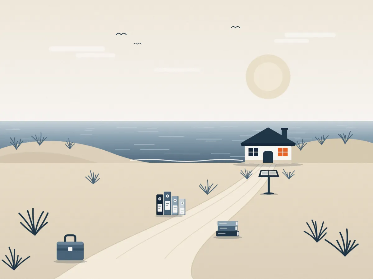 Illustration: Pfad durch die Dünen zu einem Haus am Meer, am Wegrand Aktenordner, Aktenkoffer und ein Buchstapel